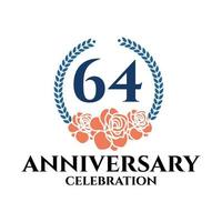Logo du 64e anniversaire avec couronne de rose et de laurier, modèle vectoriel pour la célébration d'anniversaire.