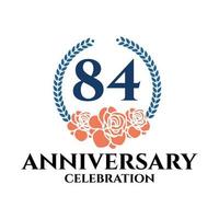 Logo du 84e anniversaire avec couronne de rose et de laurier, modèle vectoriel pour la célébration d'anniversaire.