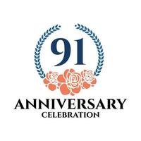 Logo du 91e anniversaire avec couronne de rose et de laurier, modèle vectoriel pour la célébration d'anniversaire.