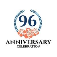 Logo du 96e anniversaire avec couronne de rose et de laurier, modèle vectoriel pour la célébration d'anniversaire.