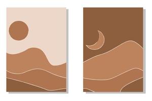 affiches de paysage minimalistes abstraites modernes. désert, soleil et lune. scène de jour et de nuit. couleurs pastel, tons de terre. imprimés bohèmes du milieu du siècle. conception plate. vecteur