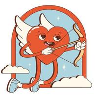 autocollant de coeur charmant de dessin animé groovy rétro, patch. La Saint-Valentin. cupidon coeur avec arc et flèche. pour l'affiche, la carte, l'impression et l'itc. style rétro tendance des années 60 et 70. vecteur