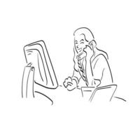 secrétaire travaillant avec ordinateur et téléphone illustration vecteur dessiné à la main isolé sur fond blanc dessin au trait.