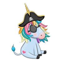 licorne de dessin animé mignon portant un chapeau de pirate et un cache-œil. été, mer, paume, plage vecteur