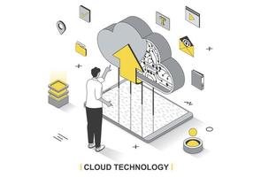 concept de technologie cloud dans la conception de contour isométrique 3d. l'utilisateur télécharge et partage des fichiers en ligne, crée une sauvegarde, un stockage et une informatique en nuage, un modèle Web de ligne. illustration vectorielle avec scène de personnes vecteur