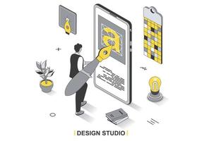 concept de studio de design dans la conception de contour isométrique 3d. le concepteur avec un énorme pinceau dessine des éléments graphiques pour l'interface de l'application mobile, le modèle web de ligne. illustration vectorielle avec scène de personnes vecteur