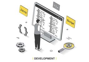 concept de développement dans la conception de contour isométrique 3d. programme de développement et écrit du code en Java, crée des spripts, ingénierie et optimise, modèle Web de ligne. illustration vectorielle avec scène de personnes vecteur