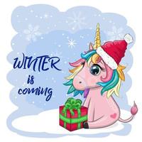 Licorne de dessin animé mignon en bonnet de noel avec cadeau, boule de noël, candy kane. nouvel an et vacances de noël vecteur