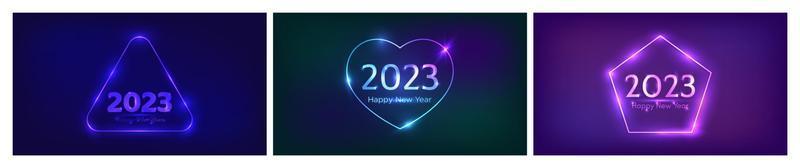 Bonne année 2023 fond néon. ensemble de trois toiles de fond au néon avec différents cadres géométriques avec effets brillants et inscription bonne année. fond sombre pour noël vecteur