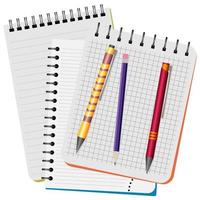 trois cahiers, stylo jaune, stylo rouge et crayon violet sur fond blanc vecteur