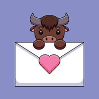 mignon buffle tenant une lettre d'amour dessin animé mascotte doodle art dessiné à la main contour concept vecteur kawaii icône illustration