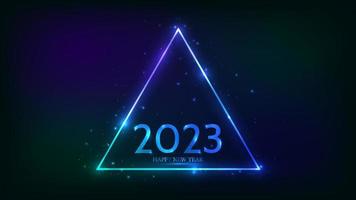 Bonne année 2023 fond néon. cadre triangulaire néon avec effets brillants et scintille pour carte de voeux, flyers ou affiches de vacances de noël. illustration vectorielle vecteur