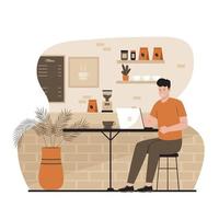 illustration vectorielle d'un homme travaillant avec un ordinateur portable dans un café vecteur