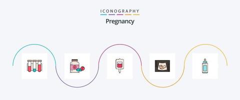 ligne de grossesse remplie de pack d'icônes plat 5, y compris la grossesse. médicaments. échantillons. test vecteur
