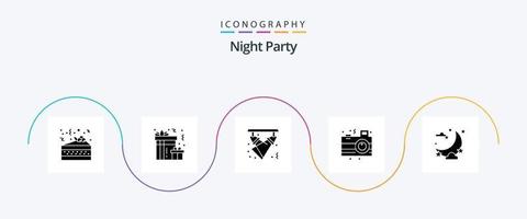 pack d'icônes glyphe 5 de soirée nocturne, y compris la nuit. fête. disco. nuit. appareil photo vecteur