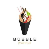 logo d'illustration de crème glacée à la gaufre à bulles avec garniture de fruits frais et rouleau de gaufrettes vecteur
