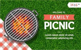 grille de barbecue 3d détaillée réaliste et carte d'affiche de concept de bannière d'annonces de pique-nique familial. vecteur