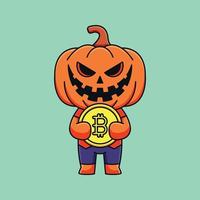 mignon citrouille halloween tenant bitcoin dessin animé mascotte doodle art dessiné à la main contour concept vecteur kawaii icône illustration