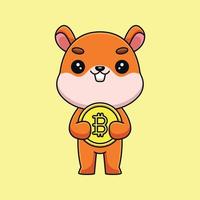 mignon écureuil tenant bitcoin dessin animé mascotte doodle art dessiné à la main contour concept vecteur kawaii icône illustration