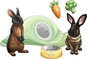 un ensemble de jouets peints et d'abris pour lapins avec des lapins. légumes jouets, un trou et un bol vecteur