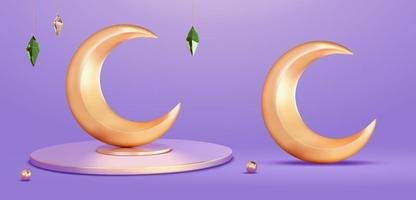 Illustration 3d de croissants de lune dorés, de boules de perles et de cristaux suspendus. éléments isolés sur fond violet, adaptés à la religion islamique, à la magie ou à la nuit vecteur