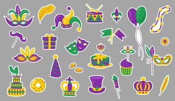 jeu d'autocollants illustration du carnaval du mardi gras. collection mardi gras, masque plume, gâteau, crêpes, perles. vecteur