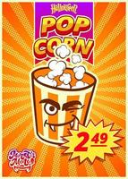 menu monstre pop-corn. une bannière verticale avec une étiquette de prix pour un café de restauration rapide le jour de l'halloween. illustration vectorielle. vecteur