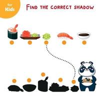 cuisine asiatique traditionnelle. mini-jeu pour les enfants. trouver la bonne ombre. aidez le panda mignon à trouver une ombre pour chaque objet. enseigner aux enfants d'âge préscolaire. culture japonaise vecteur