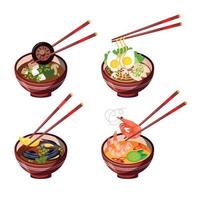nourriture asiatique. ensemble de soupe asiatique. soupe aux moules, fruits de mer, soupe miso et ramen. assiettes de nourriture, gros plan vecteur