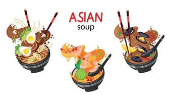 nourriture asiatique. ensemble de soupe asiatique. illustration dans le style de lévitation. soupe aux moules, soupe miso et ramen vecteur