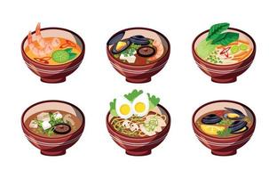 nourriture asiatique. ensemble de soupe asiatique. soupe aux moules, fruits de mer, soupe miso et ramen. assiettes de nourriture, gros plan