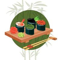 nourriture asiatique. ensemble de sushis, gucans sur une assiette en bois avec sauce. fond vert vecteur