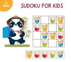 mini-jeu pour les enfants, sudoku. cuisine asiatique. aidez le panda à livrer de la nourriture du café, à remplir l'espace vide, à l'éducation préscolaire. culture japonaise, cuisine de différentes nations. cuisine asiatique traditionnelle. vecteur