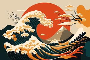 grande vague océanique avec affiche de soleil en illustration vectorielle de style japonais vecteur