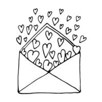 enveloppe de vecteur avec des coeurs dans un style doodle. belle lettre dessinée à la main isolée sur fond blanc.