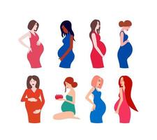 ensemble de femmes enceintes vectorielles. différents types de femmes tenant leur ventre. femme enceinte tient son ventre. maternité, concept de grossesse. illustration de stock de vecteur. vecteur