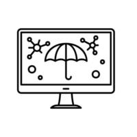 icône de sécurité de l'ordinateur de bureau contre les attaques de virus et de logiciels malveillants ou d'assurance avec parapluie vecteur