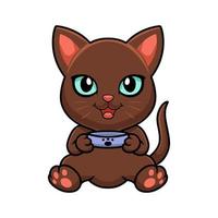 dessin animé mignon chat brun havane tenant un bol de nourriture vecteur