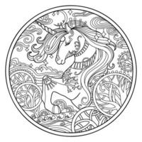 belle tête de licorne ornée cercle d'illustration vectorielle à colorier vecteur