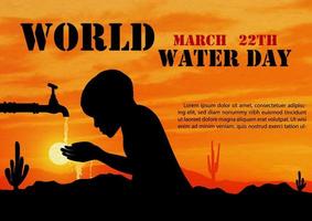 silhouette du robinet d'eau potable pour enfants africains avec le libellé de la journée mondiale de l'eau et des exemples de textes sur fond de vue de paysage désertique au coucher du soleil.