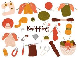 ensemble de vecteurs dessinés à la main d'outils de tricot. fils de laine, crochet, aiguilles à tricoter, barre à aiguille, panier à fil.