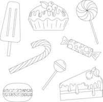 ensemble d'images vectorielles linéaires de pâtisseries et de bonbons doodle, sucettes en spirale, bonbons rayés. glace, bonbon, gâteau, cupcake, canne, sucette, macaron, sucre caramel. vecteur