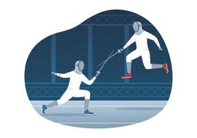 illustration de sport de joueur d'escrime avec escrimeur combattant sur piste et événement de compétition de duel d'épée dans des modèles dessinés à la main de dessin animé plat vecteur