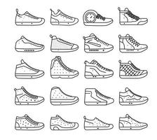 sneaker chaussure minimaliste plat ligne contour accident vasculaire cérébral icône pictogramme symbole ensemble collection vecteur