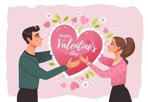 La Saint-Valentin. un couple amoureux tient un coeur. 14 février. illustration vectorielle de dessin animé mignon vecteur