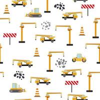 Joli motif harmonieux enfantin avec camion à benne basculante de voiture jaune, grue, bétonnière. illustration de chantier de construction en style cartoon vecteur