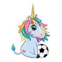 licorne de dessin animé mignon avec ballon de football, été, jeux pour enfants, club vecteur