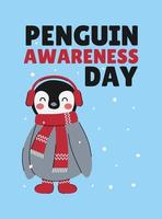 illustration vectorielle de la journée de sensibilisation aux pingouins sur fond bleu. pingouin heureux dans les écouteurs, l'écharpe et les chaussettes vecteur