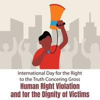 illustration graphique vectoriel d'un homme parle dans un mégaphone, montrant des silhouettes de manifestants, parfait pour la journée internationale, la violation des droits de l'homme, la dignité des victimes, célébrer, saluer.