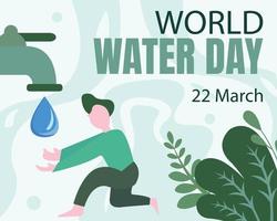 le graphique vectoriel d'illustration d'un homme attrape des gouttes d'eau du robinet, parfait pour la journée internationale, la journée mondiale de l'eau, la fête, la carte de voeux, etc.